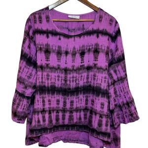 Bryn Walker 100% Linen USA Made XL Purple Tie Dye Bell Sleeve Fran Top Blouse
